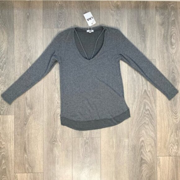 Revolve LNA Women's Sweater Strappy V-neck Long Sleeve Soft Charcoal Gray XS - Picture 5 of 13